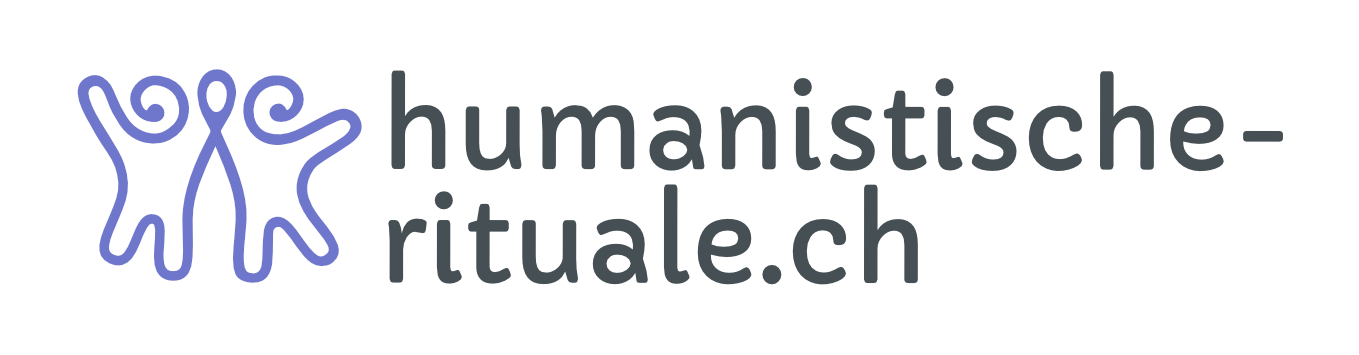 Logo der Fachpools "Humanistische Rituale der Freidenker-Vereinigung Schweiz". Es zeigt links zwei lila-farbige, illustrierte, tanzende Menschen.